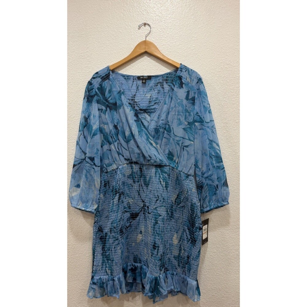 BCBG Women’s Blue Floral Wrap Mini Dress Long Sleeve Smocked Waist Ruffle NWT